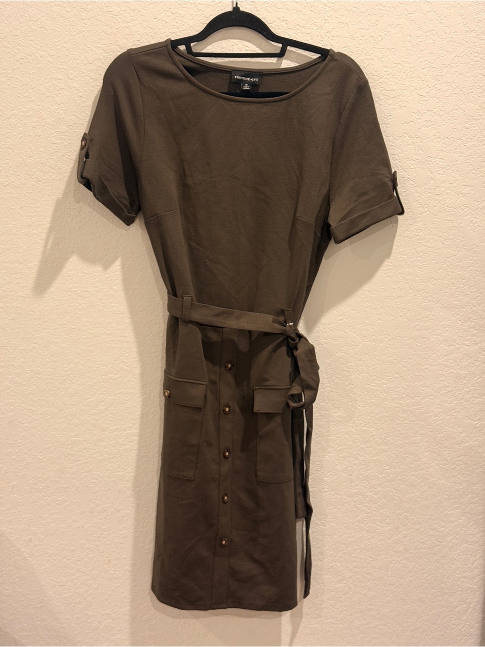 Worthington Olive Short-Sleeve Utility Midi Dress with Tie Waist